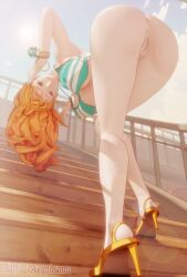 aequd anus ass ass_focus bikini breasts female female_only large_breasts legs long_hair long_legs nami nami_(one_piece) one_piece orange_hair post-timeskip pussy striped_bikini uncensored