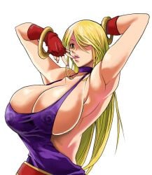 1girls 2d 2d_(artwork) b._jenet big_breasts blonde_hair bracelet breasts breasts_bigger_than_head curvy curvy_female curvy_figure digital_drawing_(artwork) digital_media_(artwork) female female_focus female_only hair_over_one_eye king_of_fighters large_breasts licking_finger long_hair looking_at_viewer purple_clothing signal-green skimpy skimpy_clothes snk