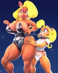 2girls alternate_version_available coco_bandicoot crash_(series) hands_on_another's_hips muscular_thighs nipple_slip panties sala3d tawna_bandicoot text