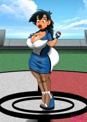 ash_ketchum blush cleavage female genderswap_(mtf) huge_ass huge_breasts lips misterpsichobunny pokemon rule_63 satoshi_(pokemon) thick_thighs wide_hips