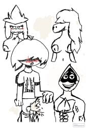 1boy 1girls 2girls2boys blowjob blush blush_lines blushing breasts_focus deltarune fellatio female human human_on_feral human_on_monster kris_(deltarune) lancer lancer_(deltarune) long_hair male mammal moaning monster no_bra no_color oral ralsei ralsei_(deltarune) short_hair showing_breasts simple_background simple_drawing susie_(deltarune) tagme undressed unknown_artist