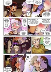 amity_blight bisexual_pride_colors blonde_hair brown_eyes brown_hair comic dark-skinned_female dialogue english_text eyebrow_scar hunter_(the_owl_house) kissing lesbian_pride_colors light-skinned_female light-skinned_male light_purple_hair luz_noceda magenta_eyes orientation_play ruddyrzaq scar scar_on_cheek shapeshifter text the_amiter_secret the_owl_house vee_(the_owl_house) yellow_eyes