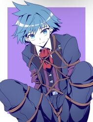 bondage embarrassed fully_clothed male malesub no_visible_genitalia pokemon pretty_boy skinny solo_male steven_stone_(pokemon)