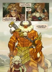 abs anthro big_penis blonde_hair breath_of_the_wild clothed clothing comic dialogue duo english_text genitals hair hi_res huge_cock humanoid humanoid_pointy_ears hylian link link_(breath_of_the_wild) lynel male male_only nintendo nipples penis ripushko taur text the_legend_of_zelda