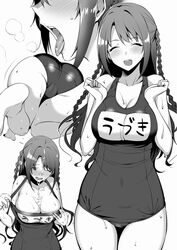 :d ^_^ amano_don ass between_breasts braid breast_squeeze breasts closed_eyes cum cum_on_body cum_on_upper_body female greyscale idolmaster idolmaster_cinderella_girls large_breasts long_hair monochrome multiple_views name_tag open_mouth school_swimsuit shimamura_uzuki smile swimsuit swimsuit_pull tongue tongue_out