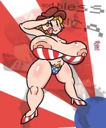 1girls american_flag_bikini big_breasts bikini boobs_bigger_than_head breasts nipple_slip osterzonensfw pubic_hair text