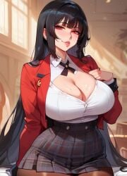 1girls ai_generated big_breasts black_hair cleavage curvaceous huge_breasts jabami_yumeko kakegurui looking_at_viewer luscious_lips nihilous red_eyes school_uniform shirt suggestive_look thick_thighs unbuttoned_shirt