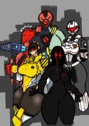 4girls ass big_breasts black_body breasts brown_hair fit fit_female fitness predator red_eyes red_goggles roblox roblox_avatar roblox_game robloxian thick thick_ass thick_thighs thighs tower_defense_x white_armor yellow_armor