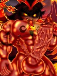 abs axe baggy_pants big_muscles big_pecs black_hair body_hair burning_spice_cookie cookie cookie_run cookie_run_kingdom erect_penis erection face_shadow gachabuddies gem glowing_gem long_hair looking_at_viewer male male_only muscular muscular_male nipples pecs red_body red_eyes sharp_teeth smiling solo tattoo tongue tongue_out veiny_penis