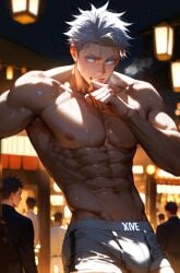 abs ai_generated armpit_hair bara blue_eyes bulge goldenfieldszho jujutsu_kaisen large_pectorals looking_at_viewer male_focus male_underwear multiple_boys muscular muscular_male navel night night_sky nipples outdoors pectorals satoru_gojo short_hair shorts solo_focus spiked_hair sweat thick_thighs thighs underwear white_hair