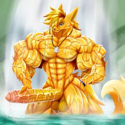 1:1 abs anthro balls biceps big_muscles big_penis blonde_hair bracelet canid canine dog_tags erection fennec_fox fox fur genitals hair hi_res huge_cock huge_muscles hyper hyper_muscles jewelry long_penis long_tail looking_at_viewer male mammal muscular muscular_anthro muscular_arms muscular_male necklace nude nude_anthro pecs penis purple_eyes solo standing taiko-sihori tail text true_fox vein veiny_arms veiny_muscles veiny_penis waterfall wet wet_body wet_hair yellow_body yellow_fur yellow_tail