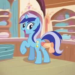 ai_generated blue_fur friendship_is_magic from_behind looking_at_viewer minuette_(mlp) my_little_pony penis precum rear_view smiling solo two_tone_hair unicorn
