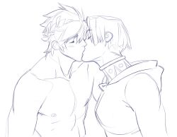 athletic_male bare_chest bishonen canon_couple gay hades_(game) kissing laurel_crown love male_only monochrome natural_virtue no_visible_genitalia sketch thanatos_(hades) twunk wholesome yaoi zagreus