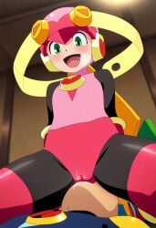 1boy 1girls ai_generated bodysuit capcom facesitting gloves green_eyes helmet leotard mega_man mega_man_battle_network megaman.exe pussy roll.exe thick_thighs thighhighs thighs