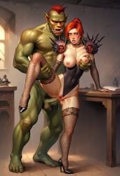 1boy 1girls ai_generated anal anal_sex assumi breast_grab desk female fishnet_stockings fishnets green_skin high_heels horde_domination human_female light-skinned_female light_skin male one_leg_up orc orc_male orced potatoesai red_hair sex stockings world_of_warcraft