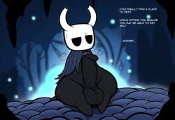 ai_generated anthro arthropod balls beetle big_balls big_penis black_body black_penis blush bodily_fluids clothing erection fecharis genitals hellsonger hellsonger_hollow_knight_ai_art hi_res hollow_knight horn huge_cock humanoid_genitalia humanoid_penis hyper insects male penis protagonist_(hollow_knight) sitting small_but_hung solo solo_male team_cherry text thick_penis vessel_(species)