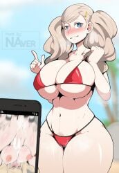 1futa 1girls ann_takamaki artist_name atlus beach big_breasts bikini blonde_hair blue_eyes breasts cellphone_photo clothed clothing female female_focus futanari holding_phone huge_breasts human juxtaposition large_breasts light-skinned_female light-skinned_futanari light_skin looking_at_viewer megami_tensei micro_bikini mostly_nude naver panties penetration persona persona_5 phone phone_screen photo_comparison red_panties sakura_futaba sega solo_focus tagme thick_thighs thighs twintails