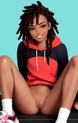 1girls ai_generated belly belly_button black_hair blue_background bottomless brown_eyes brown_hair brown_skin cleft_of_venus dark-skinned_female dark_hair dark_skin dreadlocks edit edited female female female_only girl grin grinning grinning_at_viewer half-dressed half_dressed half_naked half_nude hoodie hoodie_only labia labia_majora legs legs_apart legs_spread looking_at_viewer navel no_panties partially_clothed partially_clothed_female partially_nude partially_undressed pussy red_clothing shoes simple_background sitting sitting_down smile smiling smiling_at_viewer socks socks_and_shoes solo solo_female spread_legs spreading stomach teen teenage_girl teenager tummy vagina vulva young