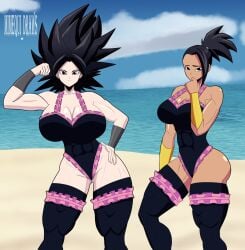 2024 2d 2d_(artwork) 2girls abs artist_logo artist_signature athletic athletic_female bare_shoulders beach beach_episode big_breasts big_butt black_eyes black_hair breasts brown_skin brown_skinned_female butt caulifla cleavage clothed clothes clothing color colored dragon_ball dragon_ball_super fantasy female female_only full_color hips huge_breasts kale large_breasts leotard light-skinned_female light_skin looking_at_viewer manga mimequi_draws multiple_girls muscular muscular_arms muscular_female muscular_thighs ponytail pose posing saiyan shounen_jump smile smiling smiling_at_viewer spiky_hair stockings thick_thighs thighhighs thighs tomboy voluptuous voluptuous_female