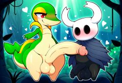 absurd_res ai_generated anthro arthropod balls big_balls big_penis blush bottom_heavy bottom_heavy_femboy duo erection foreskin generation_5_pokemon genitals glans green_body heart hellsonger hellsonger_hollow_knight_ai_art hi_res hollow_knight huge_balls huge_cock humanoid_genitalia humanoid_penis hyper hyper_genitalia hyper_penis insects long_penis male narrowed_eyes nintendo penis plant pokemon pokemon_(species) protagonist_(hollow_knight) red_eyes retracted_foreskin small_but_hung smile snivy teapot_(body_type) thick_penis thick_thighs uncircumcised vein veiny_penis