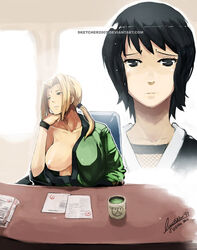 2010 2girls black_hair blonde_hair breast_slip breasts chin_rest faustsketcher female female_only haori huge_breasts multiple_girls naruto nipples one_breast_out shizune short_hair sketcher2007 straight_hair tsunade watermark web_address