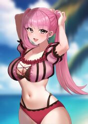 1girls :d absurdres alternate_costume arms_up beach bikini blue_sky blurry blurry_background breasts cloud cloudy_sky crop_top day female female female_only fire_emblem fire_emblem:_three_houses fire_emblem_heroes frills highres hilda_valentine_goneril hilda_valentine_goneril_(summer) large_breasts looking_at_viewer navel nintendo ocean official_alternate_costume outdoors pink_bikini pink_eyes pink_hair pink_swimsuit puffy_short_sleeves puffy_sleeves short_sleeves sky smile solo stomach swimsuit tara_(szzj7733) twintails