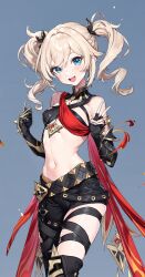 ai_generated barbara_(genshin_impact) clothed clothed_female clothing cosplay dehya_(genshin_impact) genshin_impact light-skinned_female outfit_swap peace_sign petite petite_body petite_breasts petite_female petite_girl punc_p slim slim_waist small_breasts small_waist smile tummy