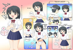 1boy 1girls black_eyes black_hair blue_skirt blush body_swap bra breast_grab breasts clothing comic cross_section crotch_grab fallopian_tubes female fingering grabbing_own_breast matching_underwear open_mouth ovaries panties pisipisi rule_63 school_uniform skirt smile spread_legs transformation translated underwear uterus white_bra white_panties white_shirt wide_eyed x-ray