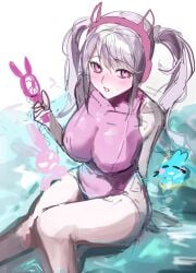 1girls alice_(nikke) blush female_only goddess_of_victory:_nikke large_breasts ocean open_mouth pink_eyes swimsuit thighs tight_clothing twintails water white_hair wide_hips