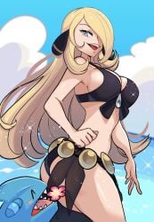 ass breasts cynthia_(pokemon) female female_only missandydandy nintendo pokemon solo swimsuit tagme