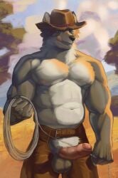 absurd_res anthro canid canine canis cowboy furry genitals hi_res humanoid_genitalia humanoid_penis male mammal morshok muscular muscular_male penis rodeo solo wolf