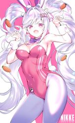 1girls alice_(nikke) alice_(wonderland_bunny)_(nikke) blush breasts bunny_ears bunnysuit cleavage female_only goddess_of_victory:_nikke open_mouth pink_eyes simple_background twintails white_hair wide_hips