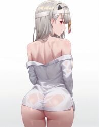 1girls ass ass_focus female_only goddess_of_victory:_nikke looking_at_viewer modernia_(first_affection)_(nikke) modernia_(nikke) red_eyes see-through_clothing shirt shirt_only silver_hair thigh_gap wet_clothes white_background