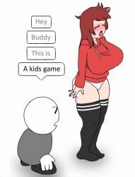1girls ahe_gao big_breasts blush closed_eyes clothed concerned dialogue female_focus greko grunt_(madness_combat) hoodie madness_combat meme panties roblox robloxian standing tagme thick_thighs thighhighs tongue_out​