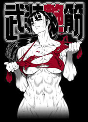 1girls abs bandage black_background black_hair dairoku_tenma ear_piercing frown japanese_text long_hair looking_at_viewer muscular_female navel ooyodo_kimiko original ponytail red_eyes ripped_clothing solo sweat text torn_clothes white_skin