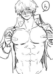 bandaids_on_nipples big_pecs blush closed_eyes covered_nipples donquixote_rosinante embarrassed frym1202 male male_only marine_(one_piece) monochrome muscular muscular_male one_piece open_shirt pecs presenting sketch solo