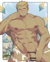 ahura_mazda_(housamo) bara beard facial_hair highres huge_cock large_pectorals muscular muscular_male nipples orexiscluster pectorals penis tokyo_afterschool_summoners torn_clothes