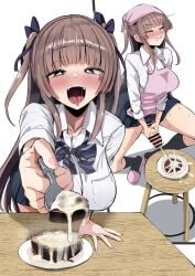 absurdres akiamare apron blue_skirt bow bowtie breasts brown_hair candy censored chocolate closed_eyes collared_shirt commentary_request cum cum_on_food ejaculation erection female food futanari futanari_masturbation green_eyes heart heart-shaped_chocolate heart-shaped_food heart-shaped_pupils highres incoming_food large_breasts long_hair masturbation open_mouth original penis pink_apron plate projectile_cum shirt skirt standing stool symbol-shaped_pupils table textless_version white_shirt