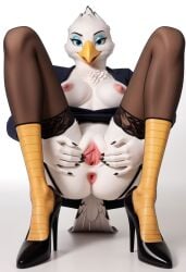 2024 ai_generated anthro anus avian bird breasts carnivalecloudmuncher female furry high_heels looking_at_viewer plain_background pussy realistic secretary secretary_bird solo spread_pussy spreading stockings tagme white_background