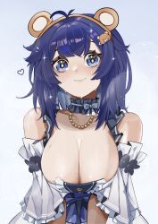 bear_ears blue_eyes blue_hair bow cleavage large_breasts larrybearyy looking_at_viewer pale-skinned_female pale_skin pupi rain_prophet smile sweat