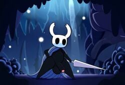 absurd_res ai_generated anthro arthropod balls black_body cave cloak clothing erection fecharis foreskin forest genitals glans hellsonger hi_res hollow_knight horn humanoid_genitalia humanoid_penis insects male melee_weapon outside penis protagonist_(hollow_knight) purple_glans size_difference team_cherry tree vessel_(species) weapon