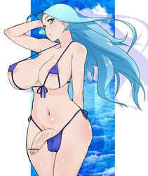 1futa aqua_hair areola areolae balls_in_panties big_balls big_breasts big_penis blue_eyes blue_hair breasts casual_exposure casual_nudity censored cleavage flaccid foreskin futa_only futanari huge_breasts huge_cock intersex large_balls large_breasts large_penis light_skin long_hair midriff mostly_nude nipples oshiruko_(artist) oshiruko_(shiruko) pale penis shiny solo swimsuit