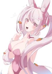 1girls alice_(nikke) alice_(wonderland_bunny)_(nikke) blush breasts bunny_ears bunnysuit cleavage female_only goddess_of_victory:_nikke hair_grab open_mouth pink_eyes twintails upper_teeth white_background white_hair