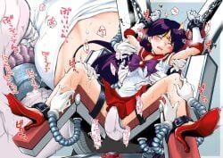 1girls arms_up belt bishoujo_senshi_sailor_moon bondage bound bound_ankles bound_legs bound_wrists breasts chains choker closed_eyes commentary covered_nipples crotch_rub dildo earrings elbow_gloves erect_nipples full_body gloves heart hi_res high_heels japanese_text leotard long_hair miniskirt molestation motion_lines one_eye_closed open_mouth paid_reward_available purple_hair rei_hino restrained ribbon ryoumoto_hatsumi sailor_mars secretly_loves_it sex_machine shackles shoes skirt small_breasts solo spread_legs star_earrings sweat tiara tickle_torture tickling tickling_machine translation_request trembling variant_set vibrator