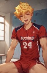 ai_generated blonde_hair buff gold_eyes gold_hair jock_studio male_only red_outfit yaoi