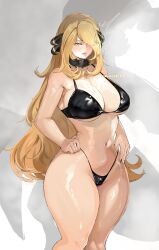 1girls bikini blonde_hair breasts cameltoe chaichne cleavage cynthia_(pokemon) female female_only fur_collar hi_res large_breasts midriff nintendo pokemon simple_background solo swimsuit thick_thighs thighs wide_hips