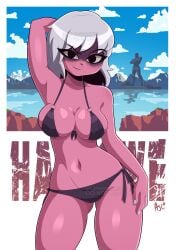 2d armasdraws bikini breasts fortnite fortnite:_battle_royale green_eyes harlowe_(fortnite) pink_skin white_hair