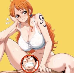1boy arm_tattoo blush breasts brown_eyes cleavage cowgirl_position female highres huge_breasts implied_sex long_hair male monkey_d._luffy nami nami_(one_piece) one_piece orange_hair post-timeskip rodorodo610 straight tank_top tattoo twintails white_tank_top yellow_background