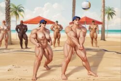 6futas abs absurd_res ai_generated beach beach_volleyball biceps blue_eyes blurry_background breasts broad_shoulders brown_hair dark-skinned_futanari dark_skin depth_of_field dickgirl feet futa_only futanari hands_on_hips hat knoworai light-skinned_futanari light_skin looking_up multiple_futa muscles muscular muscular_arms muscular_futanari muscular_thighs nipples nude ocean outdoors palm_tree realistic sand sky sport stable_diffusion sunglasses tanned_futa tanned_skin thick_thighs umbrella volleyball wide_hips