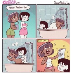 4koma albo anilingus anilingus_from_female blush charlie_(albo) comic dark-skinned_female dark_skin eating_ass female fingering human humor interracial_yuri jucika nipples oral pale-skinned_female pale_skin rimming rimming_female shocked shower shower_sex tank_top towels yuri